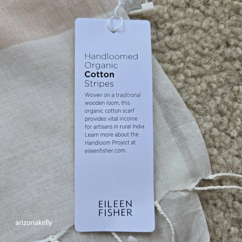 NWT Eileen Fisher Organic Cotton Striped Scarf Tan and White